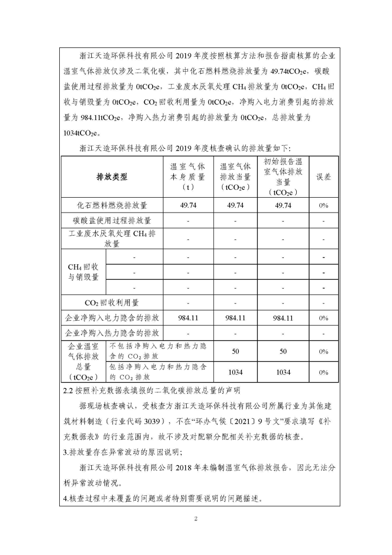 浙江天造環(huán)保科技有限公司2019年度碳核查報(bào)告